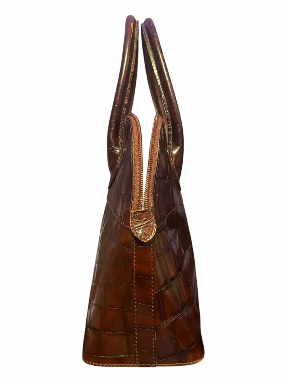 Vintage Furla Italian Croc Embossed Leather Dome Satchel Bag Brown